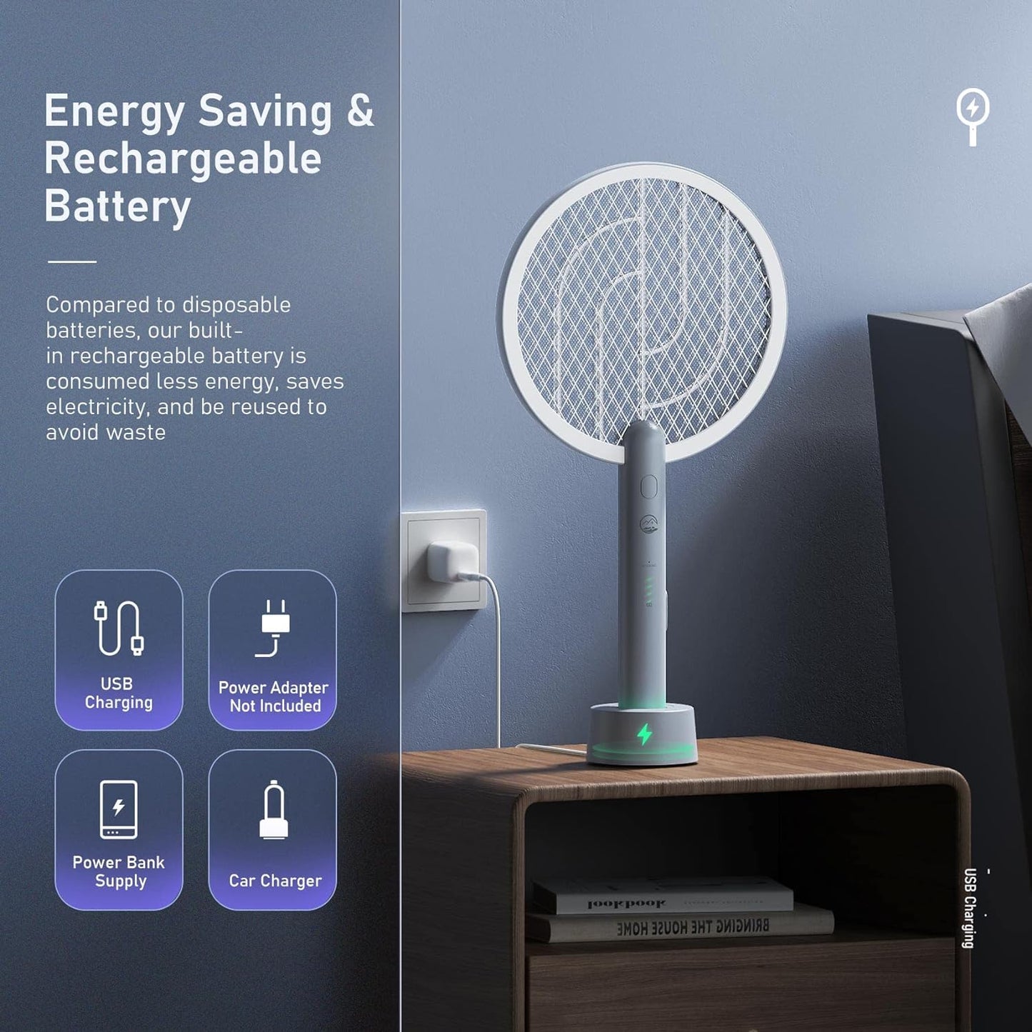 Smart Mosquito Killer: Electric Fly Swatter Racket with USB Rechargeable Base