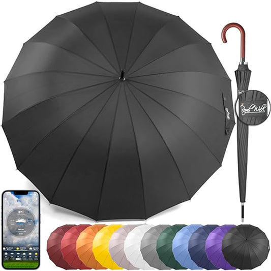 Windproof Large Umbrella for Rain 35 Inch Automatic Open for 2 Persons Wind Resistant Big Golf Umbrellas for Adult Men Women Classic Wooden Handle Fast Drying Strong 16 Ribs Travel