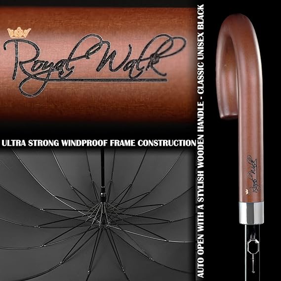 Windproof Large Umbrella for Rain 35 Inch Automatic Open for 2 Persons Wind Resistant Big Golf Umbrellas for Adult Men Women Classic Wooden Handle Fast Drying Strong 16 Ribs Travel