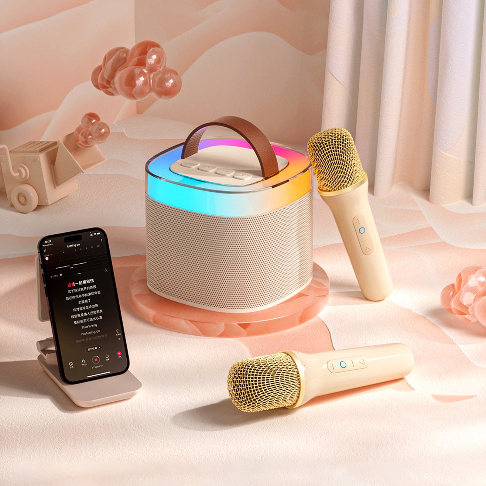 Mini Karaoke Machine: Portable Bluetooth Speaker with Wireless Microphones and Party Lights