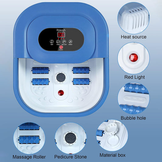 Foldable Foot Massager with Heating, Timer, Red Light, Bubbles, Rollers, Shiatsu Points, Pumice Stone